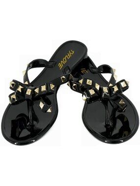 🆕Women's Dark Black Rivet Flip Flops Studded Thong Sandals with Bow Flat Beach
